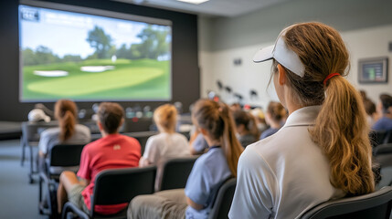 Students Watching Video Analysis of Golf Swings on Large Classroom Screen