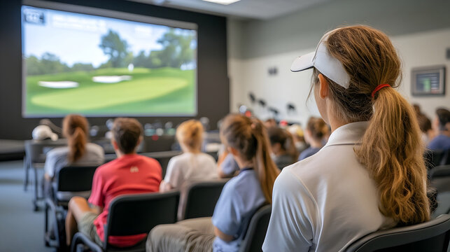 Students Watching Video Analysis of Golf Swings on Large Classroom Screen