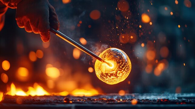 A skilled glassblower expertly manipulates molten glass using a long rod, creating intricate shapes in a warm workshop illuminated by glowing embers