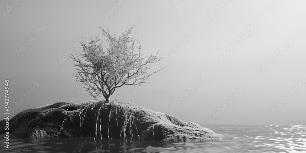 Poster a tree grows out of a rock in the middle of calm waters