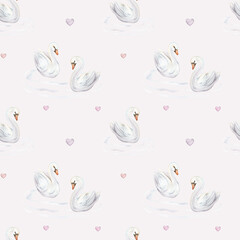 Watercolor seamless pattern with couple of cute swans in love. Hand painted illustration isolated on grey background. For textile of white pastel colors bird and red hearts and water waves