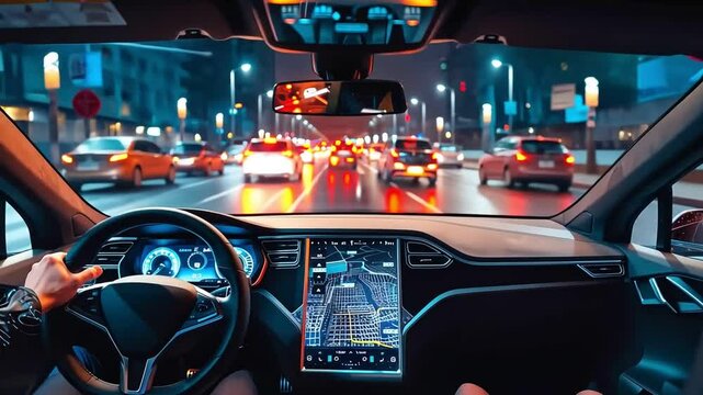 A driver perspective of a car navigating through a bustling city at night