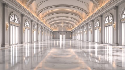 Opulent Empty Event Space with Glossy Marble Floors, High Vaulted Ceilings, and Subtle Lighting Accents