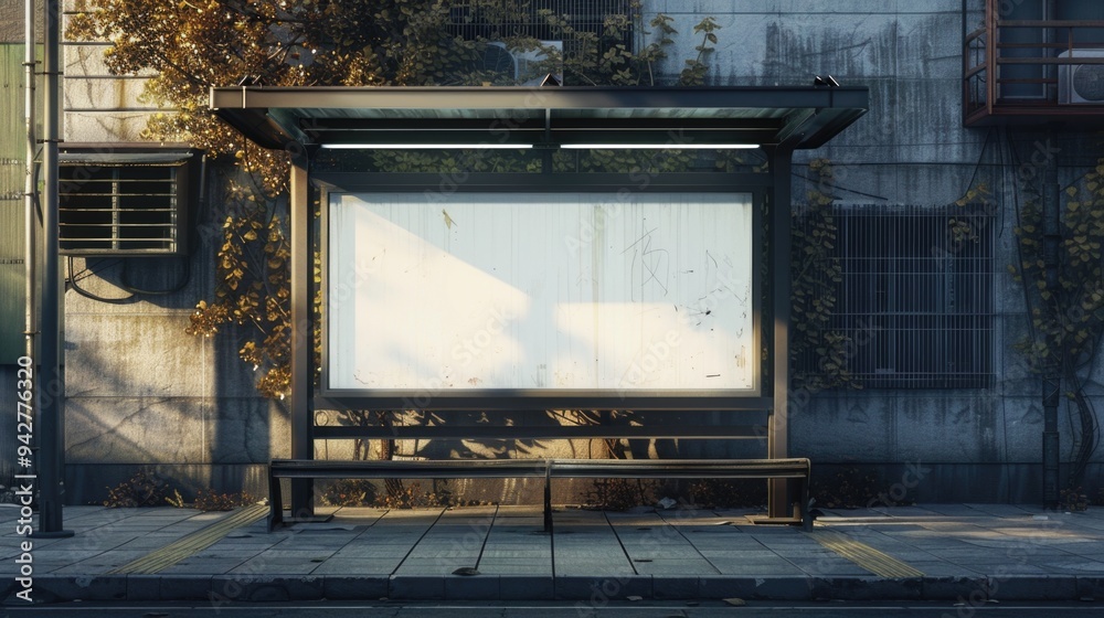Poster A bus stop with a bench along the roadside