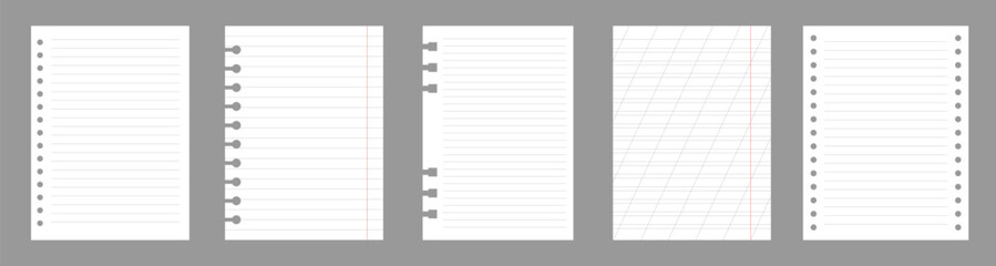 Set of notebook sheets isolated on gray background. Realistic white blanks of lined paper. Different vertical pages from diary. Vector template.