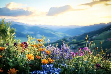 Wildflowers in a Mountain Landscape at Sunset