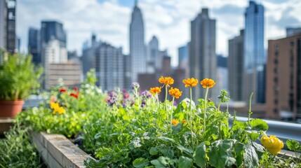Fototapeta premium A small urban rooftop garden features blooming flowers and lush greenery, with towering city buildings and a clear blue sky forming a beautiful backdrop