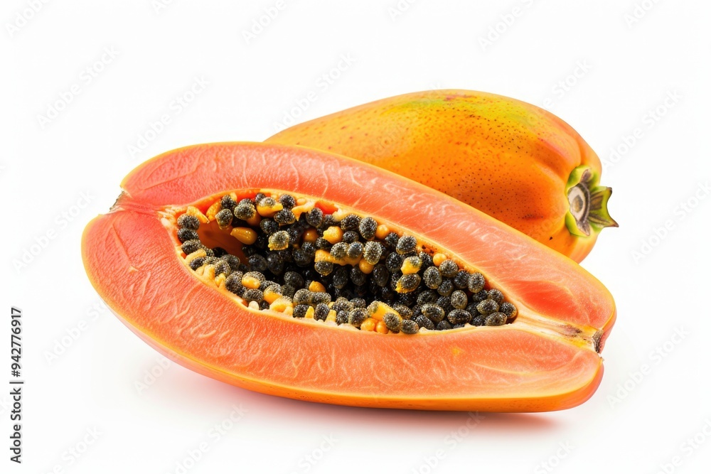 Poster fresh papaya cut into two halves on a clean surface, ready for use or further processing