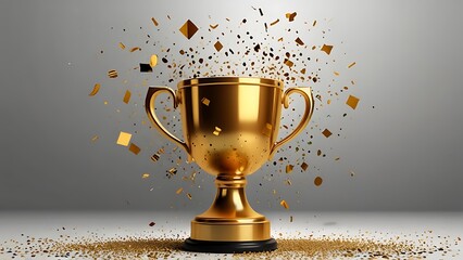 Gold trophy cup with confetti flat vector illus