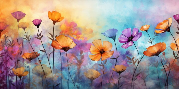 Vibrant Punk-Inspired Abstract Art: Colorful Watercolor Floral Fusion with Grunge Texture. Versatile Creative Design for Book Illustrations, Invitations, and Edgy Marketing Campaigns. Stylish Minimali