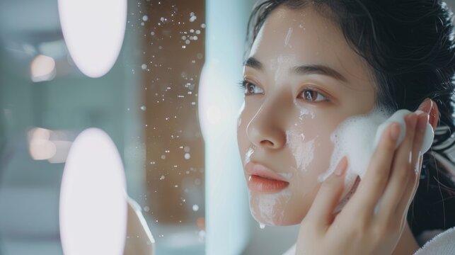 A beautiful Asian woman in a bathrobe is washing her face thoroughly with facial foam and water. To maintain good health and care for your skin, look in the mirror in the bathroom. at her house