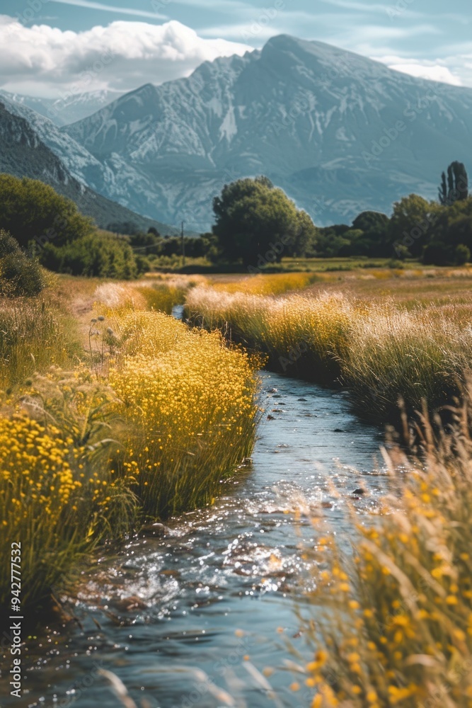 Poster A serene natural setting with a stream flowing through a lush green field, suitable for use in environmental or outdoor-themed projects