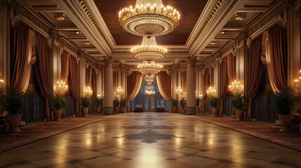 Obraz premium Grand Reception Hall with an Opulent Central Chandelier, Rich Drapes, and Plush Carpets for a Classic Formal Setting