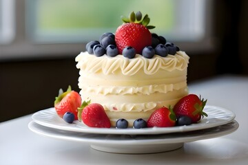 A classic vanilla birthday cake with buttercream frosting, decorated with fresh strawberries, blueberries, and a "Happy Birthday" topper.