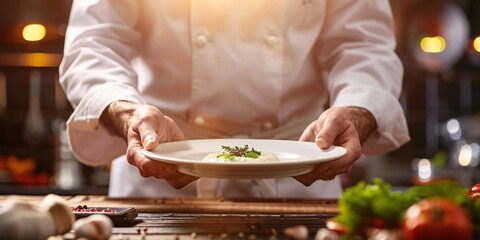 The chef sets the dish of kichari on the table beside the empty area.