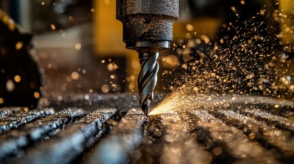 Metal Drill Cutting with Sparks Flying