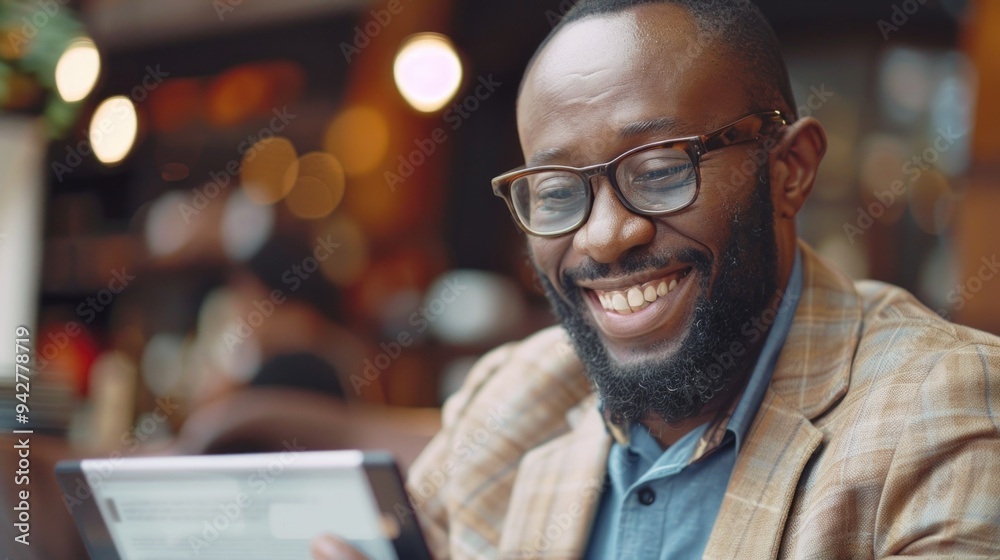 Poster A person smiling while using a tablet, possibly enjoying digital content or communicating with others