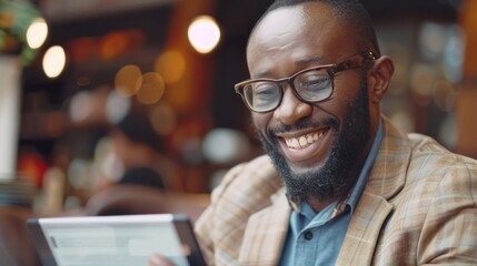 A person smiling while using a tablet, possibly enjoying digital content or communicating with others