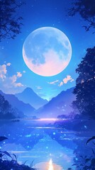 Fototapeta premium Enchanting Mid-Autumn Festival Night: Serene Moonlit Landscape with Mountains, River, and Starry Sky. Artistic Digital Illustration for Book Covers, Game Backgrounds, and Cultural Celebrations. Elegan