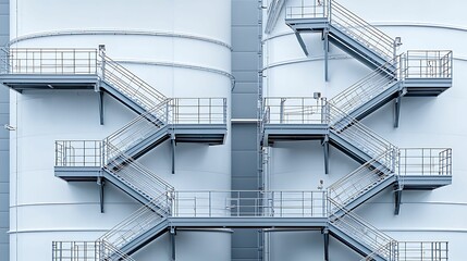 Industrial Storage Tank with Intricate Metal Structures and Staircases - Front View with