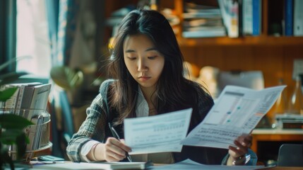 An Asian woman is reviewing financial, accounting, and tax client documents in the office.