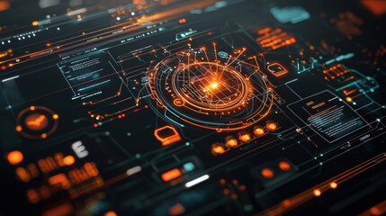 Fototapeta premium A detailed and realistic representation of a blockchain system is interface with numerous layers of data visualization. The scene includes a futuristic control panel with holographic displays,