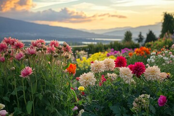 Obraz premium Colorful Dahlia Flowers in a Garden at Sunset