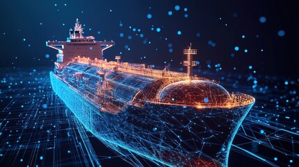 LNG gas carrier. Particles and blue lines form a 3d model of a gas tanker. in 3d virtual space.