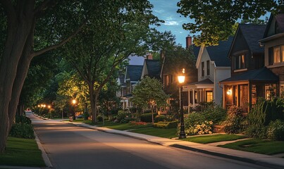 Quiet Suburban Street at Dusk with Street Lights