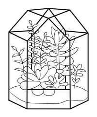 Hand drawn line art cactus and succulents plants in crystal terrarium vector illustration coloring book page antistress for kids and adults. Perfect for coloring book, invitation, greeting card, print
