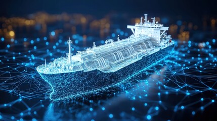 LNG gas carrier. Particles and blue lines form a 3d model of a gas tanker. in 3d virtual space.