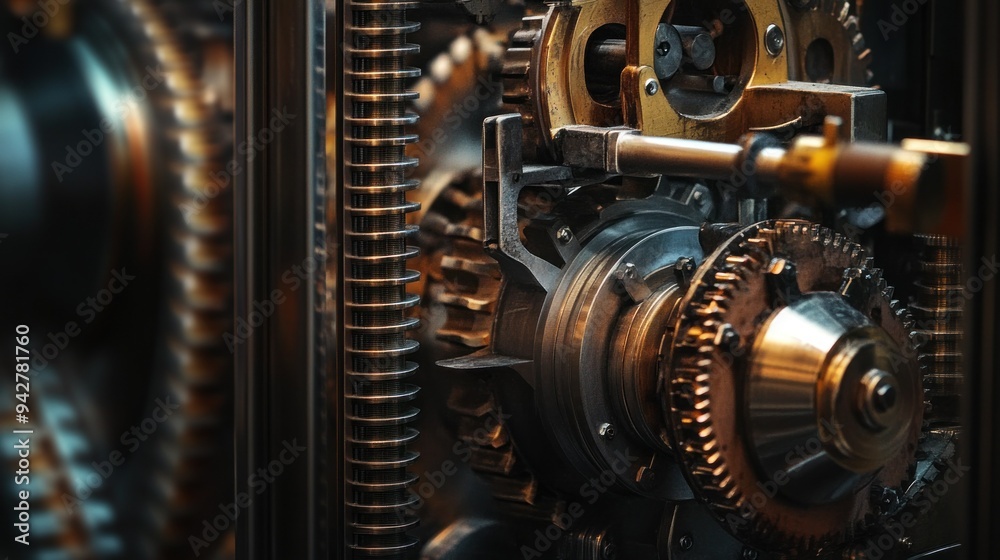 Poster close-up of intricate metallic gears and mechanisms