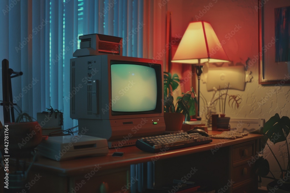 Poster a vintage computer sitting on a wooden desk, great for nostalgic or retro-themed projects