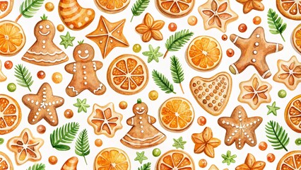Watercolor pattern featuring gingerbread cookies and oranges in a festive holiday design