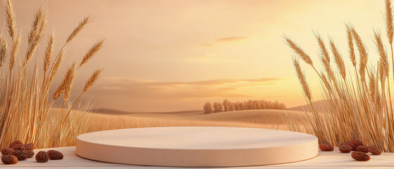 Serene landscape with golden wheat and a round display podium under a warm sunset, ideal for product showcasing or presentations.