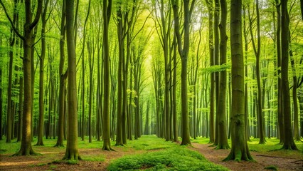 Obraz premium Lush hornbeam forest with tall, thin stems creating a tranquil and peaceful atmosphere