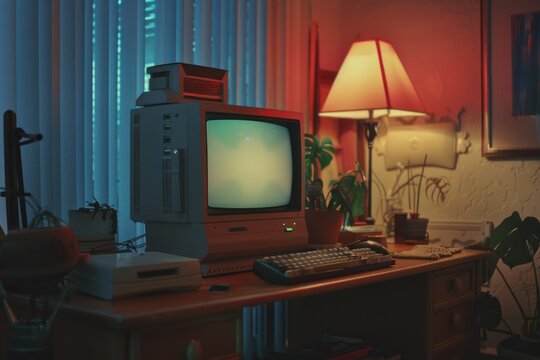 A vintage computer sitting on a wooden desk, great for nostalgic or retro-themed projects