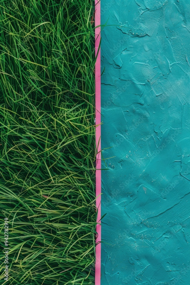 Poster A picture of green grass next to a blue wall, perfect for use in interior design or architecture images