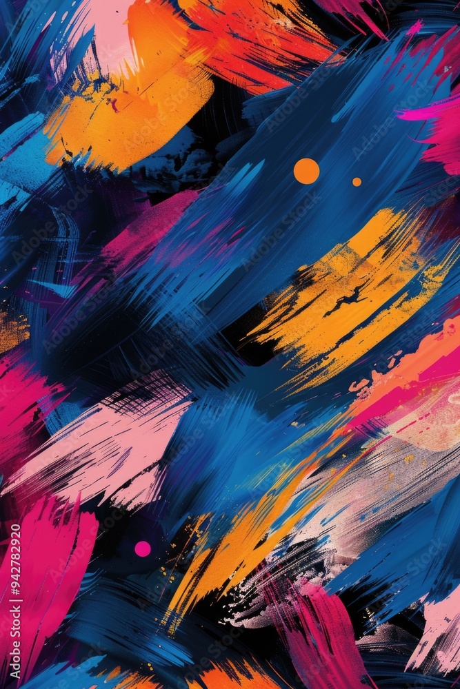 Poster a vibrant artwork featuring bright colors and shapes on a dark background, suitable for use in decor