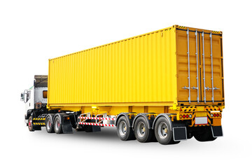 Semi Trailer Truck Isolated on White Background. Cargo Container Shipping. Economy Business Transport on Road. Import- Export. Trucking. Lorry Diesel Truck. Freight Truck Logistics Transport.