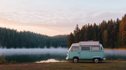 A classic camper van parked by a serene lake surrounded by evergreen trees, capturing the essence of peaceful outdoor adventure.