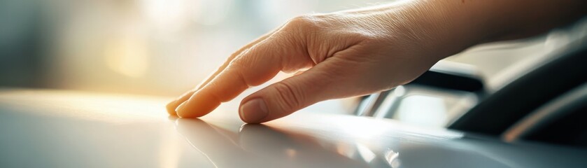 A close-up of a hand gently touching a sleek car surface, reflecting light, symbolizing elegance and automotive luxury.