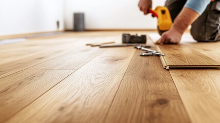 A close-up of a person installing wooden flooring, showcasing tools and the beautiful grain of the wood.