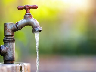 A close-up of a vintage water faucet with flowing water, showcasing nature's beauty and the importance of water conservation.