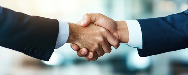 A close-up of two businessmen shaking hands in an office setting, symbolizing partnership and agreement in a professional environment.