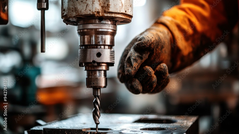 Poster Close-up of a Drill Bit Puncturing Metal with a Gloved Hand in the Background