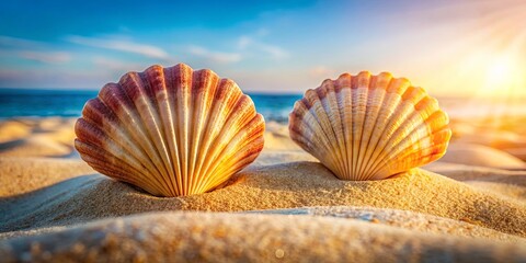 Elegant dual tone scallop shells on a sandy beach, perfect for a marine chic aesthetic