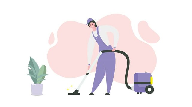 animation of a woman Enjoying Cleaning the House with a Vacuum Cleaner. cheerful woman cleaning the house. Female character vacuuming the floor. Home cleaning services. looping animation