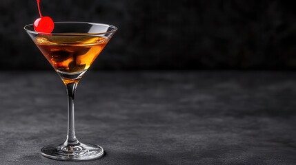 A beautifully crafted cocktail in an elegant glass, garnished with a cherry, set against a dark background.