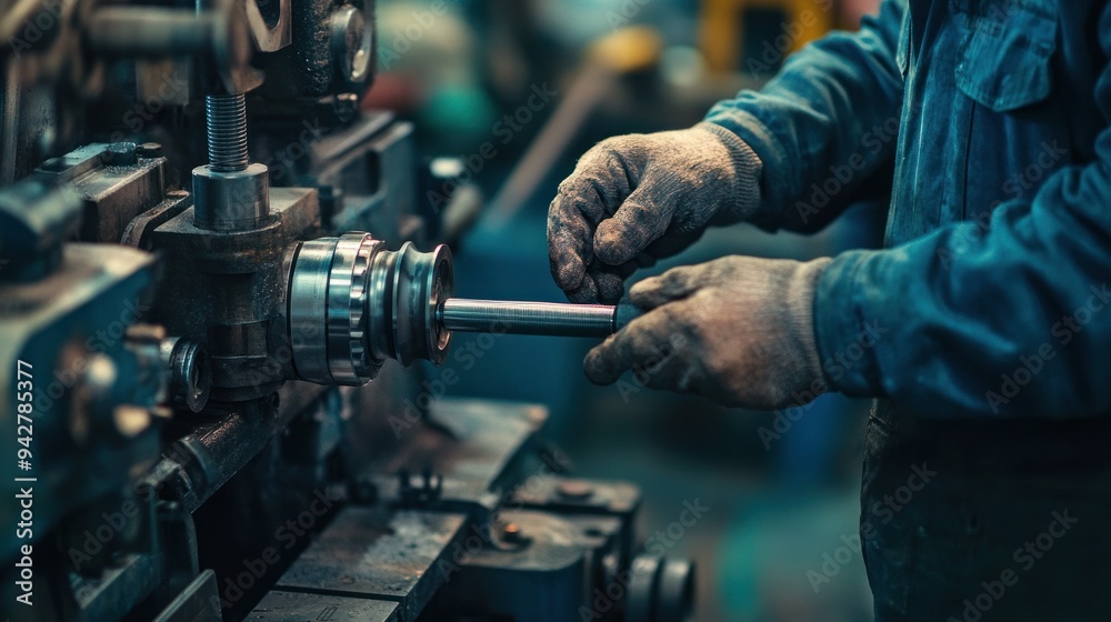 Poster worker's gloved hands operating a metal lathe machine